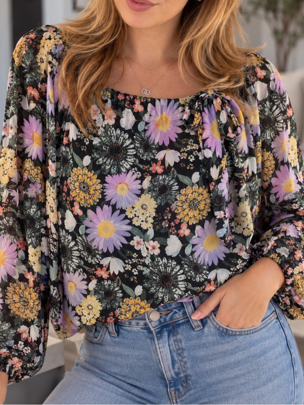 Floral Tie-Neck Blouse in Black with Lavender & Yellow Flowers